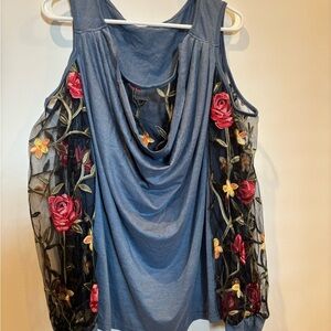 SHEIN Blue Tank Top with Floral Embroidery